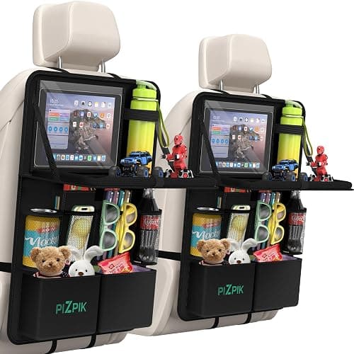 Plzpik Car Backseat Organizer with Tablet Holder,11 Storage Pockets with Foldable Food Tray, Protector Kick Mats for Kids, Travel Accessories Organizer (Black, 1Pack with Food Tray) - Image 1