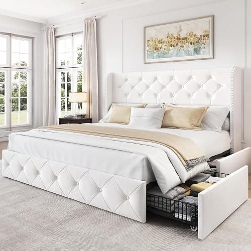 LARMACE Queen Size Bed Frame with 4 Storage Drawers and Wingback Headboard Velvet Upholstered Platform Bed Frame Tufted Beds with Wooden Slats Support, Easy Assembly, White - Image 1