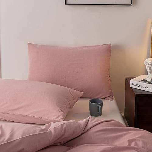 Janlive Washed Cotton Duvet Cover Queen Ultra Soft 100% Cotton Solid Color Dusty Pink Duvet Cover Set with Zipper Closure -3 Pieces Pink Queen thumbnail 5