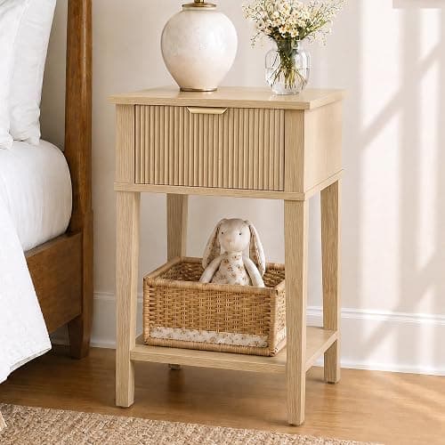 RIHHA Natural Oak 15.4" Wide Small Nightstand with Drawer,Open Shelf,Fluted | Light oak tone, ribbed fluted front, 11.8-inch slim depth, concealed storage, airy fit for bedside, sofa side, or chair side - Image 1
