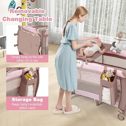 COSTWAY 3 in 1 Portable Travel Cot, Folding Baby Bassinet and Activity Playpen with Changing Table, Mattress, Music Box, Hanging Toys, Wheels and Carry Bag, Baby Crib Bed for Boys Girls (Pink) thumbnail 2