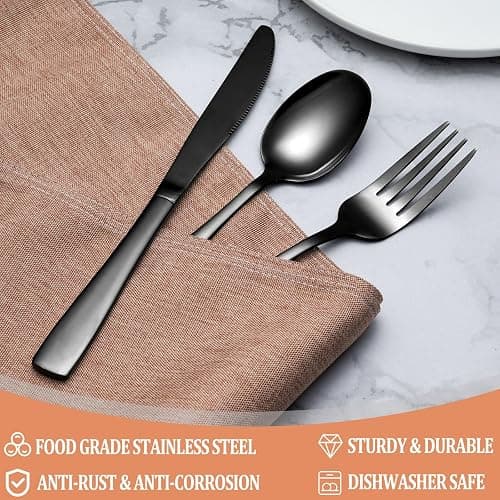 20 Pcs Black Silverware Set, Food-Grade Stainless Steel Flatware Set for 4, Square Cutlery Set, Mirror Polished Tableware Eating Utensils Set for Kitchen, Include Knife Fork Spoon Set,Dishwasher Safe - Black - Square Handle 20 Pieces thumbnail 3