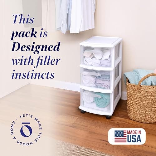 HOMZ Drawer Tower, 3-Tier Clear Plastic Storage Organizer Cart, White Frame - Heavy-Duty Organizing Drawers for Home, Bedroom, and Closet Organization thumbnail 4