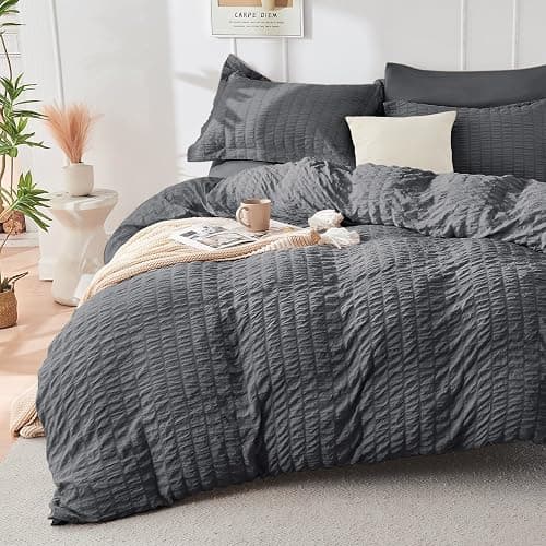 HYMOKEGE Queen Comforter Set Seersucker 7 Pieces, All Season Luxury Bed in a Bag for Bedroom, Bedding Set with Comforters, Sheets, Pillowcases & Shams, Dark Grey thumbnail 2