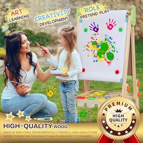 Kids Easel Including 100+ Accessories, Rundad Double Sided Wooden Easel for Kids Age 3-8 with Magnetic Chalkboard & Painting Board, Free Height Adjustable Art Easel Supplies for Toddlers thumbnail 6