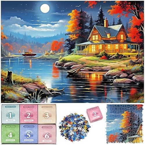 1000 Piece Puzzle for Adults, Advent Puzzle Maple Cabin 1000 Pieces Puzzles for Adults Teens Kids, Forest Cabin 1000 Pieces Jigsaw Puzzles 6 Days Holiday Puzzles Countdown to Weekend Gift - Image 1