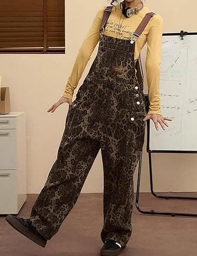 POOPMOOM Leopard Print Jeans Denim Jumpsuit Baggy Overalls For Women Y2k Romper Grung Pants Animal Print Pants thumbnail 2