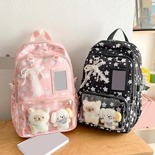SDSFGX Kawaii School Backpack for Girls Casual Travel School Bags Cute Y2k Daypack with Lace Tie PVC Display Window & Cute Plush Toy thumbnail 4