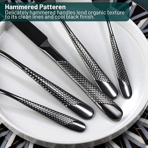 PUREAIN Silverware Set, 30 Pieces Black Hammered Flatware Set for 6, Mirror Polished Stainless Steel Cutlery Set for Home, Kitchen, Restaurant and Hotel, Dishwasher Safe thumbnail 5