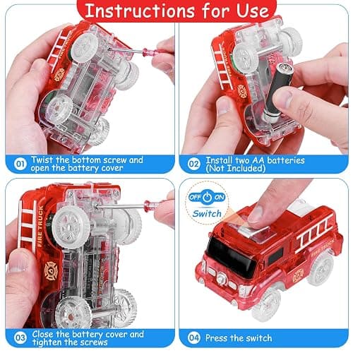 FancyWhoop Tracks Cars Replacement Only - Light Up Magic Cars for Tracks Compatible with Glow in The Dark Toy Cars with 5 LED Flashing Lights for Most Race Tracks Only Toy Car Accessories (4 Pack) thumbnail 6