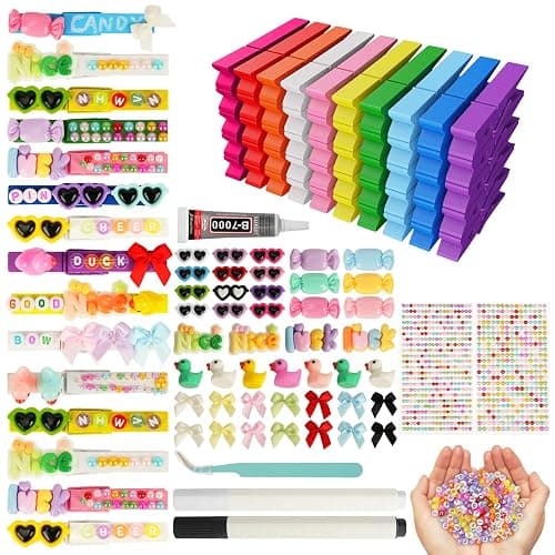 50-Pack Cheer Pins Kits-50pcs 2.9 Inch Wooden Clothespins in 10 Colors, 58 Resin Charms, 2 Gem Sticker Sheets, 200 Letter Beads for Team Spirit, Classroom Crafts & Cheerleading Accessories - Image 1