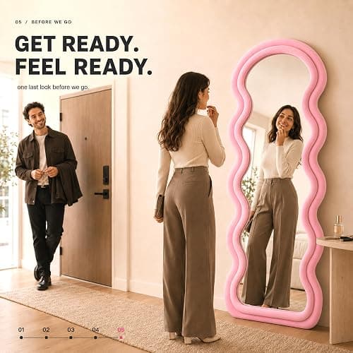 BOJOY Full Length Mirror 63"x24", Irregular Wavy Mirrors, Wave Arched Floor Mirror, Wall Mirror Standing Hanging or Leaning Against Wall for Bedroom, Flannel Wrapped Wooden Frame Mirror-Pink thumbnail 9