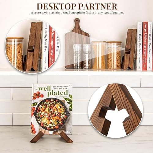 PUERSI Cookbook Stand for Kitchen, Recipe Book Holder for Kitchen Counter, Wooden Cookbook Holder, Rustic Cook Book Holder Stand - Rustic Brown - 1 Set thumbnail 5