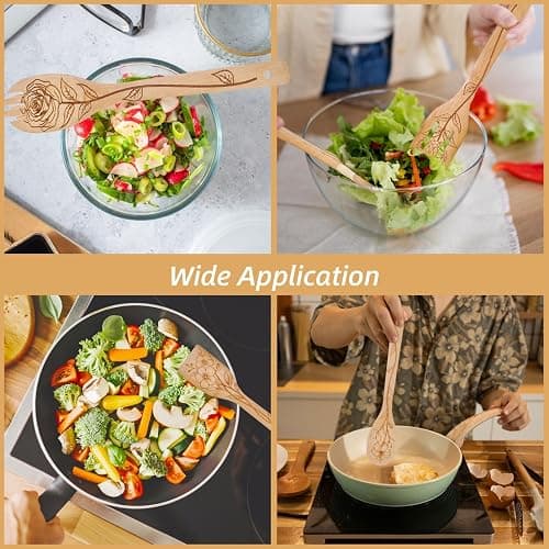 GLOBLELAND 6Pcs Floral Bamboo Cooking Utensils Wooden Engraved Cooking Spoons Set Carving Kitchen Bamboo Spatula Set for Women and Men Wood Cooking Spoon for Kitchen House Warming Gift thumbnail 7
