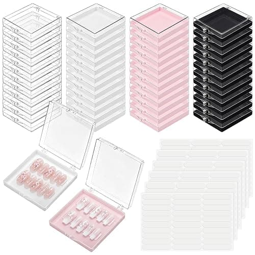 AceOrbit 48 Pcs Press on Nail Boxes with 180 Pcs Adhesive Double Sided Tape Acrylic Press on Nail Packaging Cases in 4 Colors Square Transparent Storage Case Organizer for Display Art Salon Supplies - Image 1