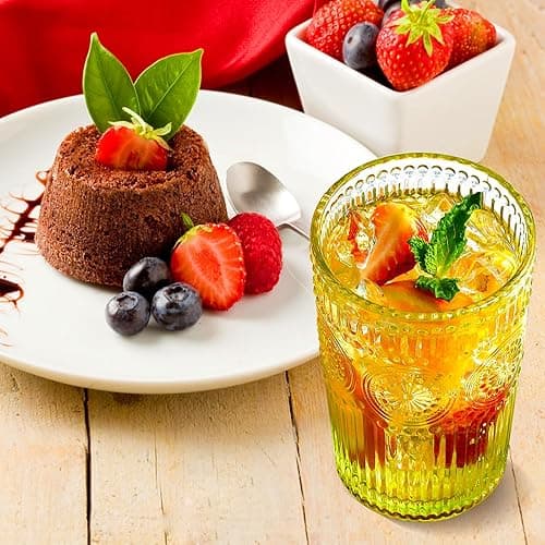 megarte Vintage Drinking Glasses Set - 12 Oz Romantic Embossed Glassware - Premium Glass Cocktail Cups for Water Juice Tea Beverage - Set of 6 - Green - Green - 6Pcs thumbnail 2