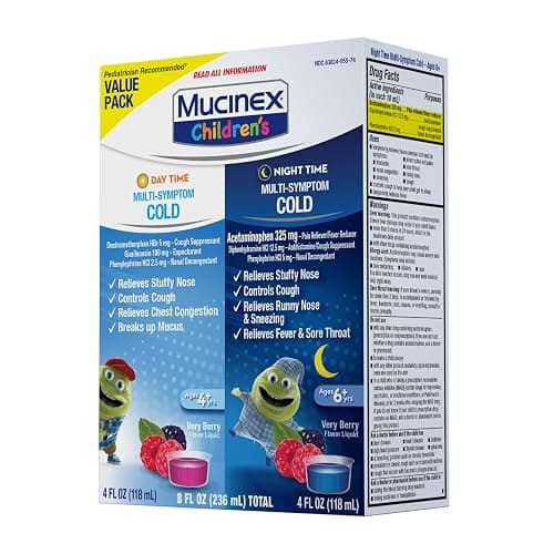 Mucinex Cold & Cough, Children's Multi-Symptom Day/Night Liquid, Very Berry, 8oz (2x4oz) Relieves Nasal & Chest Congestion, Thins & Loosens Mucus, Controls Cough, Reduces Fever, Soothes Sore Throat | For Ages 4+, Guaifenesin, Dextromethorphan HBr, Diphenhydramine HCl, Phenylephrine HCl & Acetaminophen, Alcohol-Free thumbnail 10