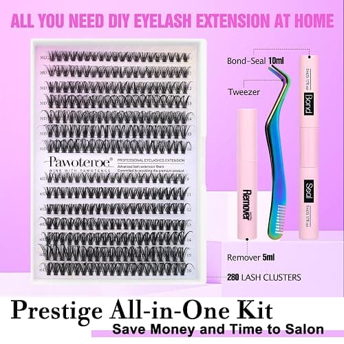 Pawotence Lash Extension Kit DIY 280pcs Individual 30D 40D Cluster, Eyelash Bond and Seal, Lash Remover & Tweezers for Self Use, Black (30D&40D, 9-16mm, All Kit) thumbnail 2