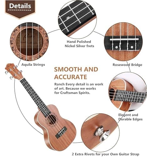 Ranch Soprano Ukulele 21 inch Professional Wooden ukelele Instrument Kit with 12 Online Lessons Small Hawaiian ukele Guitar ukalalee Starter Pack Bundle Gig bag, Tuner, Strap, Aquila Strings Set thumbnail 4