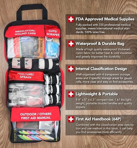 GENERAL | Amazon | 330 Piece First Aid Kit, Premium Waterproof Compact Trauma Medical Kits for Any Emergencies, Ideal for Home, Office, Car, Travel, Outdoor, Camping, Hiking, Boating (Red) thumbnail 3