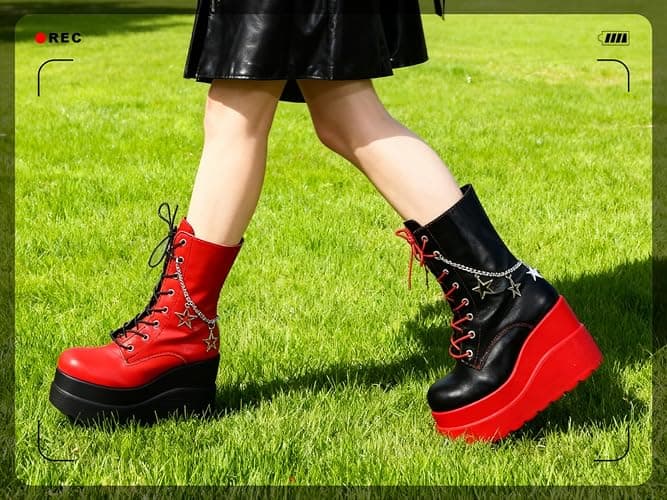 Gothniero Platform Goth Ankle Boots for Womem Black Holographic Combat Chunky Heel Boots with Side Zip Lace Up Wedge Booties US5.5-11 thumbnail 2