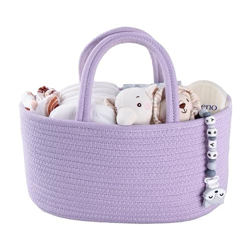 XUANGUO Cotton Rope Baby Diaper Caddy Organizer for Girls Purple Lavender | Nursery Storage Bin, Portable Baby Tote Bag for Changing Table or Car, Baby Shower Gifts Bag, Newborn Essentials, Registry - Image 1