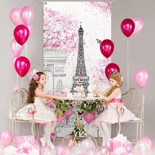 Tatuo Paris Eiffel Tower Backdrop Pink Eiffel Tower Background Banner 70.9 x 35.4 Inch Paris Pink Tree Wall Hanging Decor for Girls Bedroom Living Room Photograph Party Decoration thumbnail 4