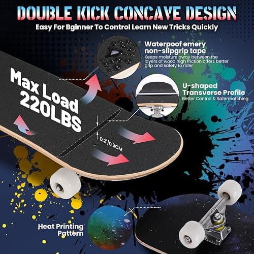 ANYFUN Pro Complete Skateboards for Beginners Girls Boys Kids Youths Teens Adults 31"x8" Skate Boards 7 Layers Canadian Maple Double Kick Deck Concave Longboard thumbnail 5