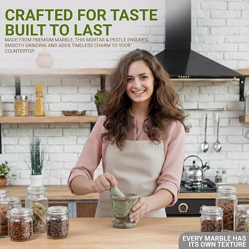 UrbanFocal Marble Mortar and Pestle Set 4" Inch Handmade Hand Grinder for Kitchen Ideal Mortar and Pestle Set Spice Grinder and Garlic Crusher, Green Onyx thumbnail 4