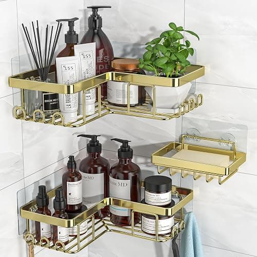 YASONIC Corner Shower Caddy, 3-Pack Adhesive Bathroom Caddy with Soap Holder and 12 Hooks, Rustproof Stainless Steel Shower Organizer, No Drilling Wall Mounted Shower Rack, for Bathroom, Gold - Image 1