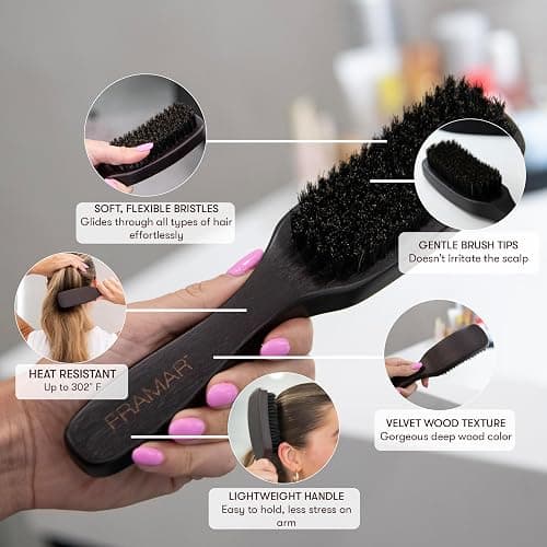 FRAMAR Slick Back Hair Brush Boar Bristles – Slick Back Brush, Smoothing Hair Brush For Women, Boar Bristle Hair Brush For Fine Hair, Slickback Brush For Volume and Shine - Brown Velvet thumbnail 3