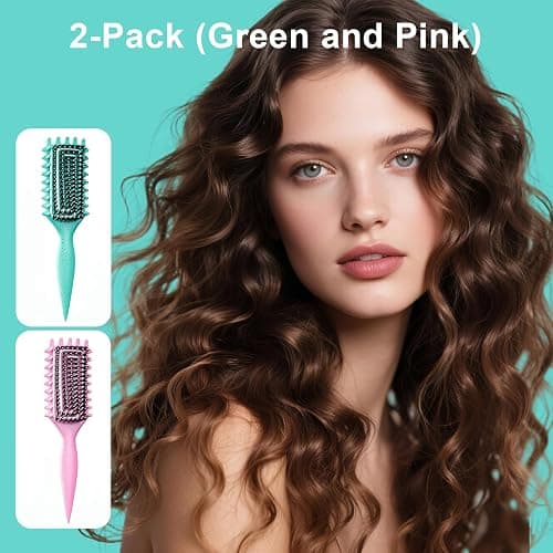 2-Pack Curly Hair Brush, Curl Defining Brush with Soft Boar Bristles Detangling Tangled Glides, Wide-Teeth Design Effortlessly Shaping & Defining Curls, Curling Definer for Wet & Dry Hair (Green Pink) thumbnail 2