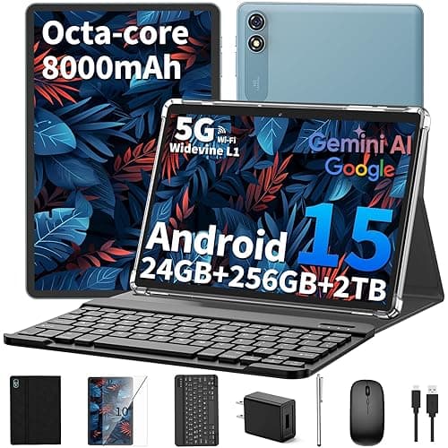 Android 15 Tablet 10 inch, 2025 Tablet with Keyboard, 24GB+256GB+2TB Expand, 2-in-1 Tablets with 8-Core, 5G WiFi, 8000mAh, BT5.0, GMS Certified, with Mouse, Case, Stylus, Split Screen(Black case) - Image 1
