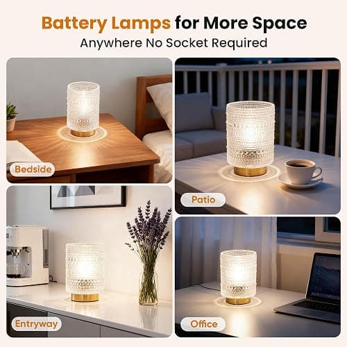 Battery Operated Lamp with Timer, Cordless Table Lamps with LED Warm Bulb | Small Lamp for Bedside, Wireless Lamp for Entryway/Dorm/Office/Patio/Living Room Decor, 2AAA Battery-powered, Transparent thumbnail 4