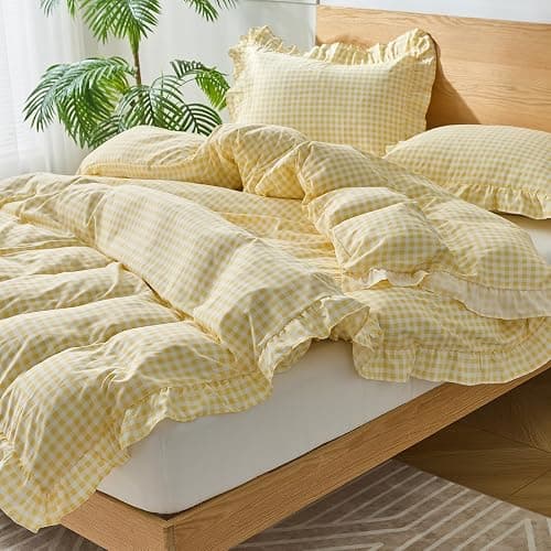 kisswish Gingham Duvet Cover Full Size, 3 Pieces Soft Breathable Microfiber Plaid Comforter Cover with Zipper Closure & 2 Pillow Shams, Ruffle Farmhouse Vintage Decor, Yellow thumbnail 4