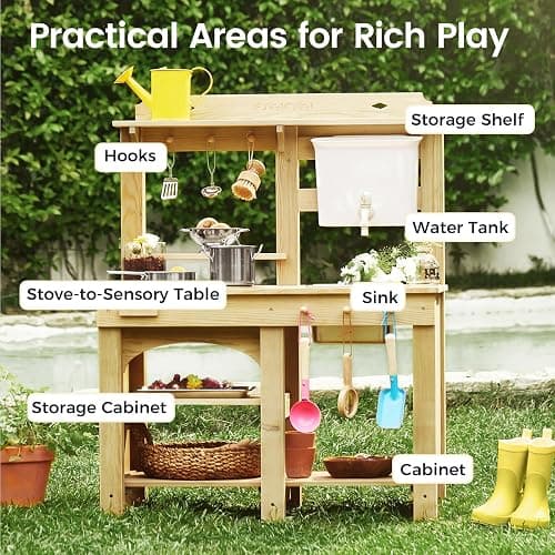 Tiny Land Outdoor Mud Kitchen for Kids, Wooden Play Kitchen with Water Tank, Water & Cooking Play, Sensory Fun, Weather-Resistant with Storage, Ideal for Toddlers Ages 3+ thumbnail 6