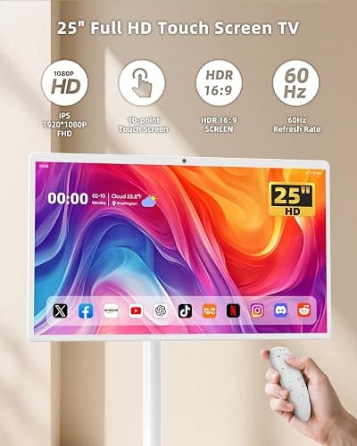 25" Portable TV, 1080P HD Smart Screen with Android 13 OS, 13MP HD Build-in Camera with Privacy Cover, 6G+128GB Storage, 10W Stereo Speakers, Rolling Monitor on Wheels, Multiple Usage Scenarios, White - 6+128 GB thumbnail 2