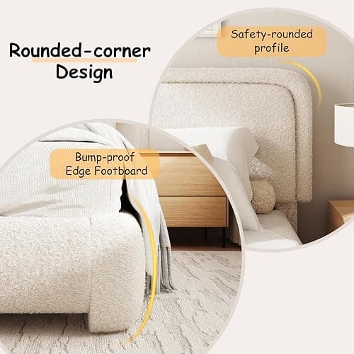 GLOLLOSPARK Queen Size Boucle Bed Frame, Upholstered Platform Bed with Height Adjustable Headboard & Soft Rounded Corners, Noise Free, Easy Assembly, No Box Spring Needed, Beige thumbnail 4