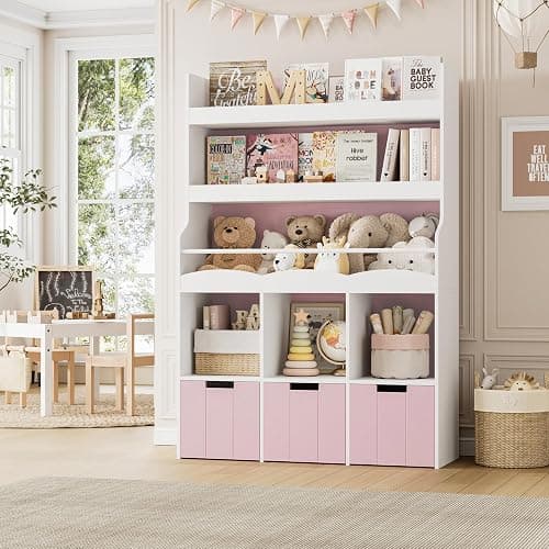HITHOS 55.3"H Kids Bookshelf with Toy Storage Organizer, Tall Book Shelf with 3 Mobile Toy Storage Bins, Large Kids Bookcase with Toy Chest, 39.2"W Modern Toy Box for Kid Room, Playroom, Pink, White - Image 1