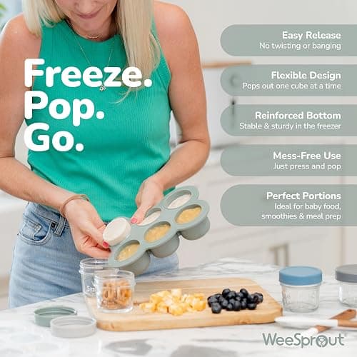 WeeSprout Silicone Baby Food Freezer Tray with Clip-on Lid - Perfect Storage Container for Homemade Baby Food, Vegetable & Fruit Purees, and Breast Milk (Matte Green, Six 3 Ounce Sections) thumbnail 3