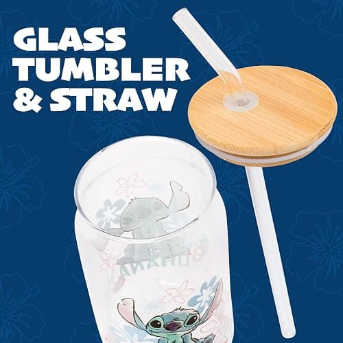 Silver Buffalo Disney Lilo and Stitch Ohana Floral Glass Jar Tumbler with Bamboo Lid and Glass Straw, 16 Ounces thumbnail 6
