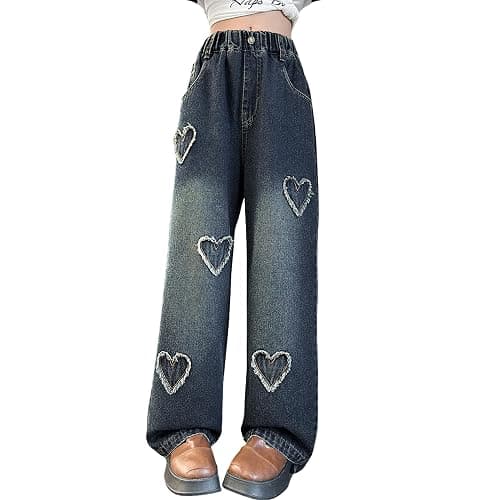 Rolanko Girls Jeans Bootcut Ripped Elasticated Waist Retro Style Denim Pants for Kids Fit - 6-7 Years - Blue Hairyheart - Image 1