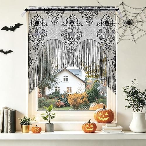 ZeeDix 2 Pcs Halloween Lace Curtains Black Skull Tassel Window Door Curtain | 2 Pcs Black Lace Skull Curtains For Halloween Window, Door, Mantel & Wall, Great For Halloween Party Decor, Party Supplies - Image 1