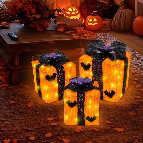 Caxchiling Halloween Lighted Gifts Boxes 3 Pak Gift Boxes with 52 Led Lights Bats Battery Operated Timer Light Up Boxes Decorations for Indoor Home Porch Party Yard - Top bat decor thumbnail 7