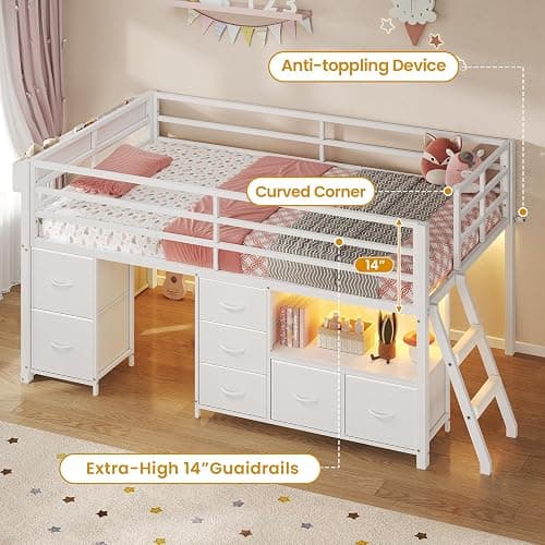 ADORNEVE Low Loft Bed Twin Size with 7 Storage Drawers, Bookcase and LED Lights, Metal Kids Loft Bed with 14" H Safety Guardrail,Inclined Ladder and Play Curtain, Under-Bed Play Space, White thumbnail 3