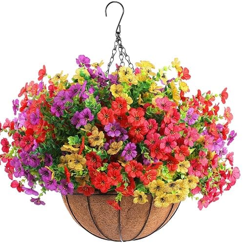 Hananona 2 Set Artificial Outdoor Flowers with Hanging Basket, 2 Hanging Planters with 24 Pcs Flowers for Spring Summer Front Porch Garden Patio Home Decor (2, Red, Purple, Yellow, Rose Red) thumbnail 9