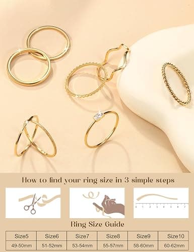 THUNARAZ 8Pcs Stackable Rings for Women Non Tarnish 14K Gold Plated Stainless Steel Dainty Rings Set Minimalist Thin Thumb Ring Cubic Zirconia Wave Statement Ring Bands for Women Size 5-10 thumbnail 5