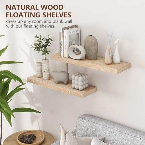 fuqing Natural Wood Floating Shelves for Wall - 24 Inch Wood Shelves Set of 2 - Natural Wooden Wall Shelves for Living Room Bedroom Home Office thumbnail 4