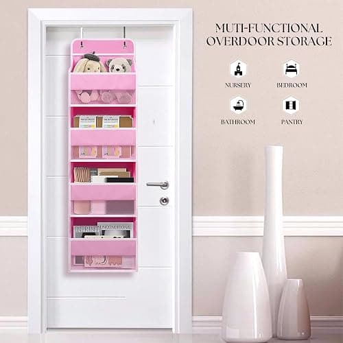 TYMENSH Over The Door Hanging Organizer with 4 Large Pockets – Closet, Bathroom, Nursery, Bedroom, Dorm Storage for Toys, Cosmetics, and Baby Essentials, Pink thumbnail 3