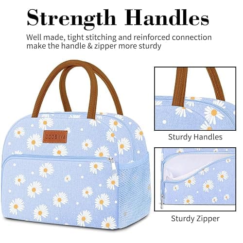 Coobiiya Lunch Bag Lunch Box for Women Men, Reusable Cute Lunchbag - Leakproof, Adult Insulated Lunch Box Tote with Large Capacity, Cooler Container for Work, Travel, Office (Blue Daisy) thumbnail 5